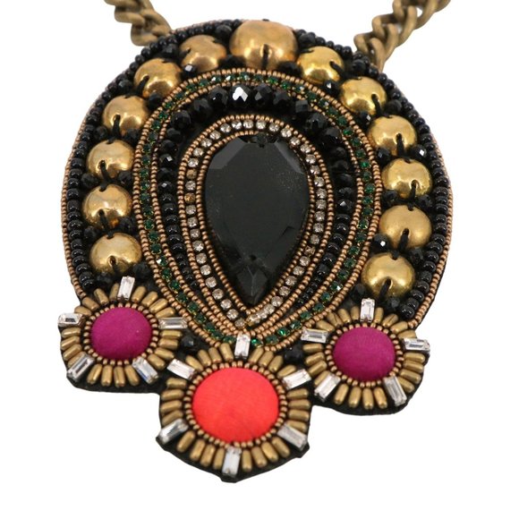 Ranjana Khan Heavily Beaded Black Stone Leather Back Long Statement Necklace - Picture 2 of 5